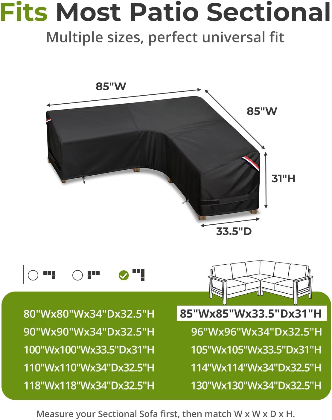 KylinLucky Black L-Shaped Sectional Cover — reference dimensions
